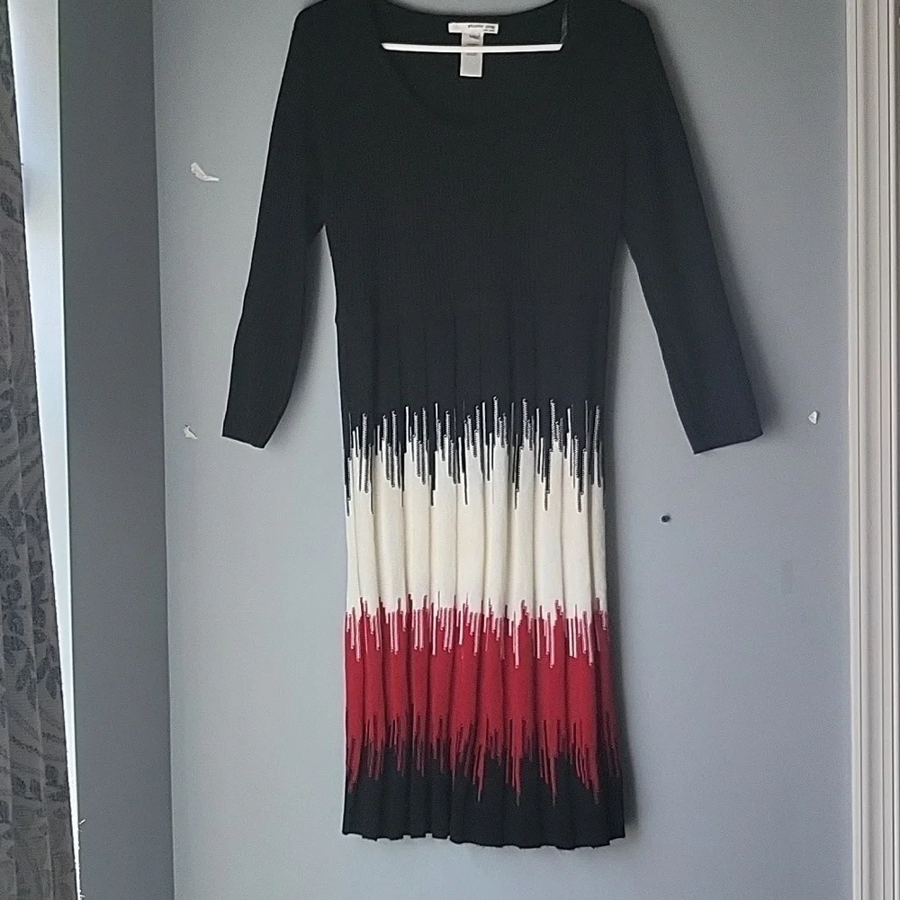 Studio One black/cream/red pleated sweater dress